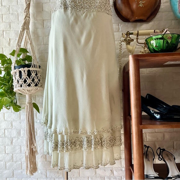 Vintage Dazzelle Inc 100% Silk Ornately Pearl Beaded Layered Chiffon Midi Dress - Picture 15 of 17